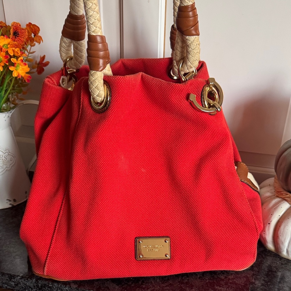 Michael Kors Red Canvas Tote with Braided Rope Handles